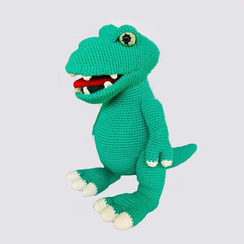 Handmade Rex the Dino stuffed animal made from organic cotton, soft and cuddly dinosaur toy by Bebemoss.com