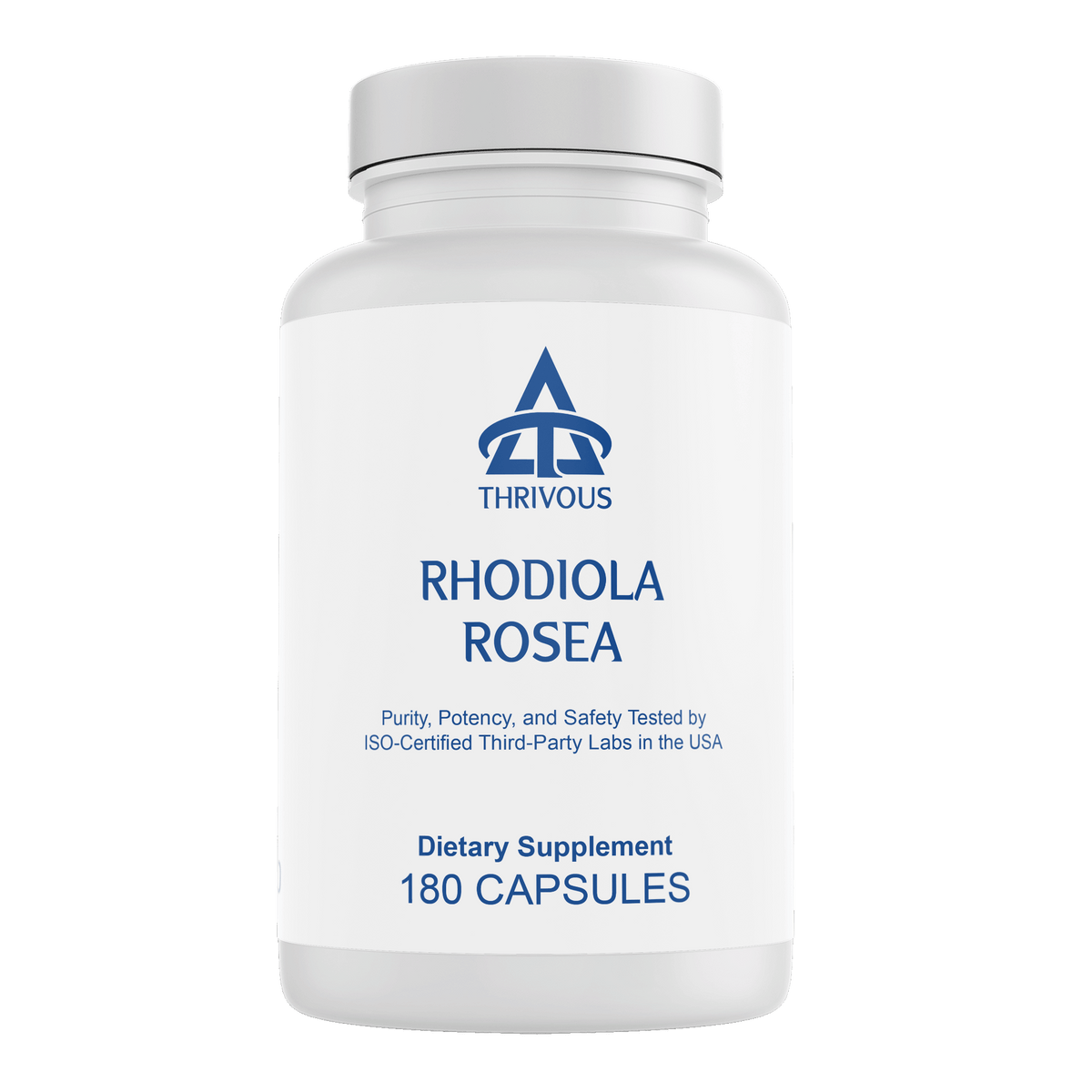 Bottle of Thrivous Rhodiola Rosea dietary supplement capsules in a clear container with a white label.