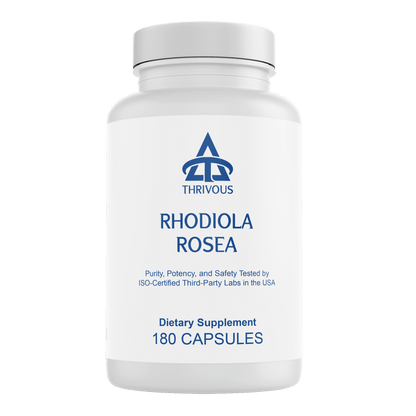 Bottle of Thrivous Rhodiola Rosea dietary supplement capsules in a clear container with a white label.