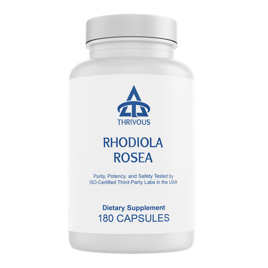 Bottle of Thrivous Rhodiola Rosea dietary supplement capsules in a clear container with a white label.