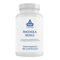 Bottle of Thrivous Rhodiola Rosea dietary supplement capsules in a clear container with a white label.