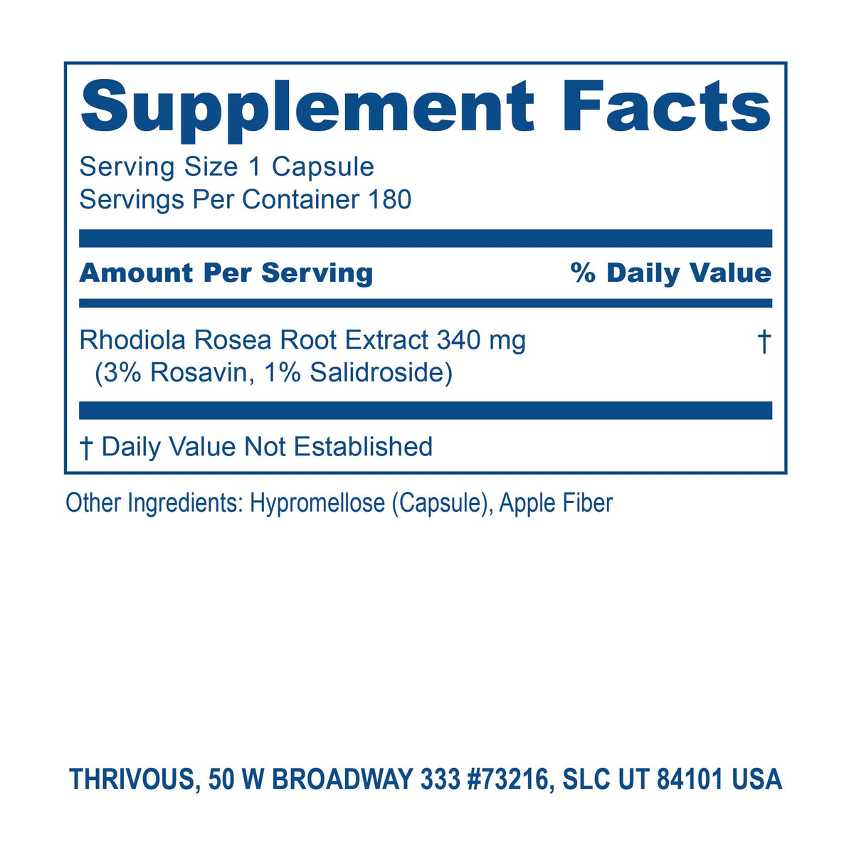 Bottle of Thrivous Rhodiola Rosea dietary supplement with label visible, showing the supplement's branding and product details.