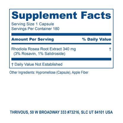 Bottle of Thrivous Rhodiola Rosea dietary supplement with label visible, showing the supplement's branding and product details.