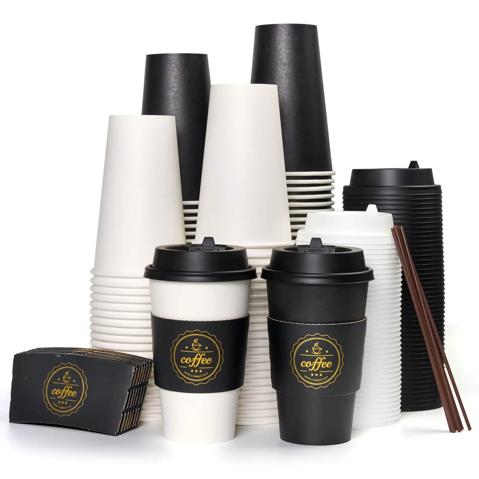 JOLLY CHEF 100 Pack 16 oz Disposable Paper Coffee Cups To Go Coffee Cups with Lids Sleeves and Stirrers for Hot Drinks