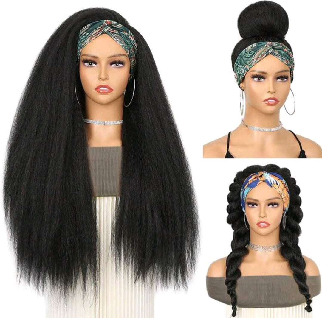 Kinky straight EdleessFashion LydiaMFashions headband wig with black hair, natural-looking and styled for versatile wear.