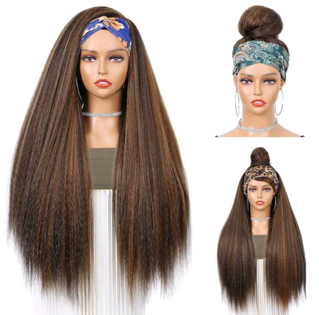 EdleessFashion LydiaMFashions kinky straight headband wig showing natural hair texture and headband detail on a model.