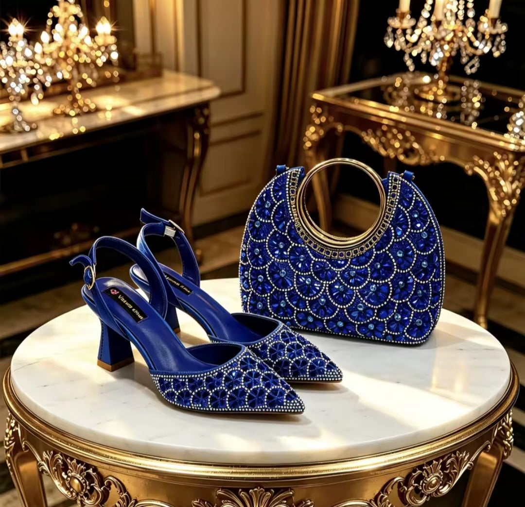 Elegant Italian ladies shoes and matching bag set in luxurious materials, branded EdleessFashion, displayed in a stylish arrangement.