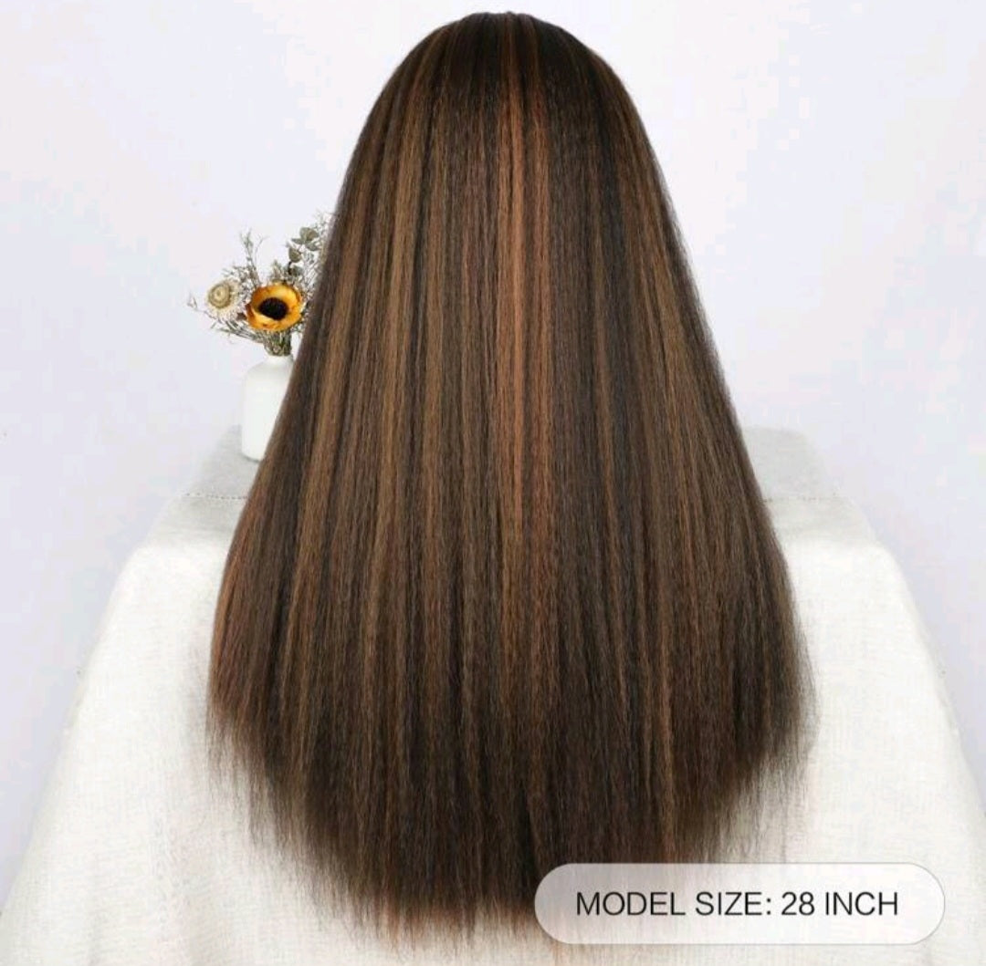 EdleessFashion LydiaMFashions kinky straight headband wig showing natural hair texture and headband detail on a model.