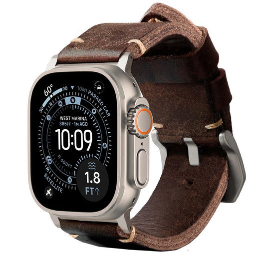 Robust Leather Strap R01 in brown natural genuine leather with titanium hardware for 49mm watch band.