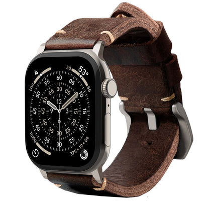 Robust Leather Strap R01 in brown natural leather with titanium accents, designed for 49mm watches.