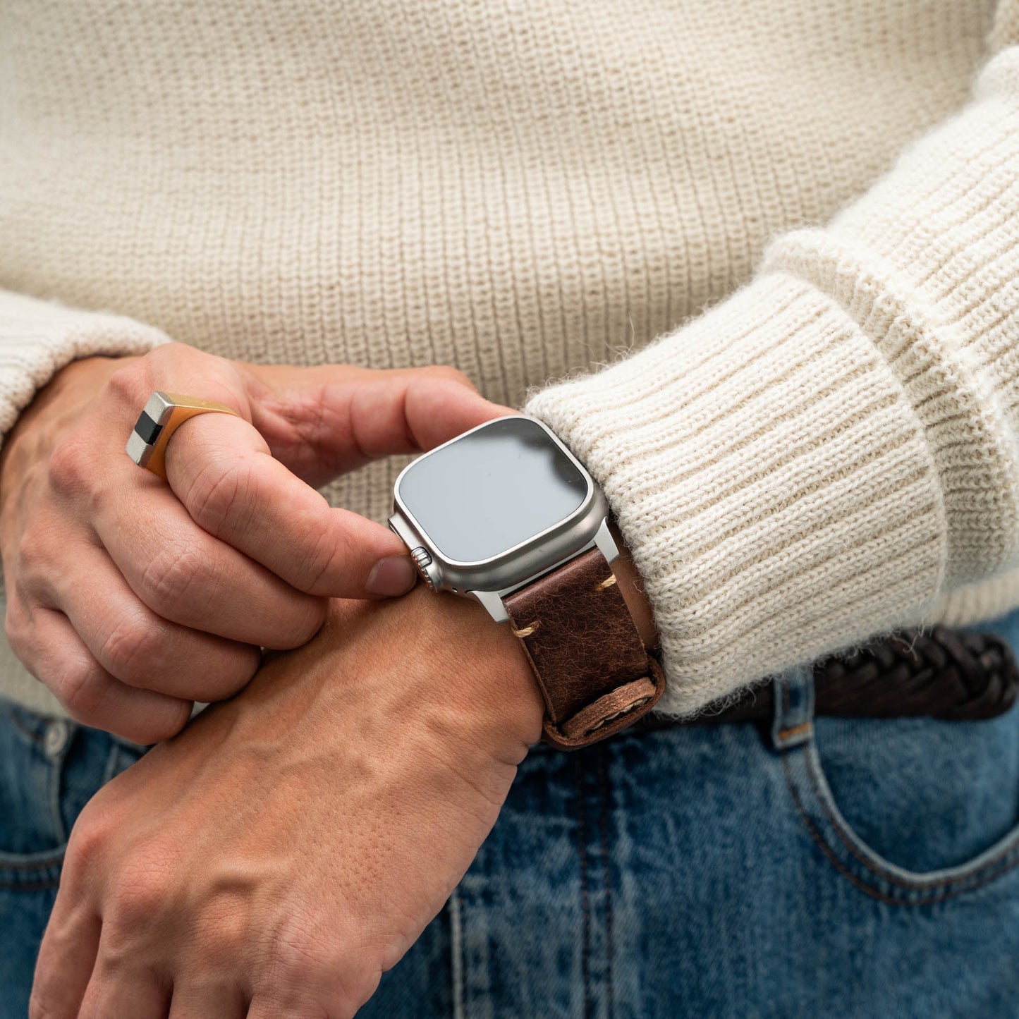 Brown leather strap R01 by Robust with natural titanium hardware, designed for 49mm watch cases.