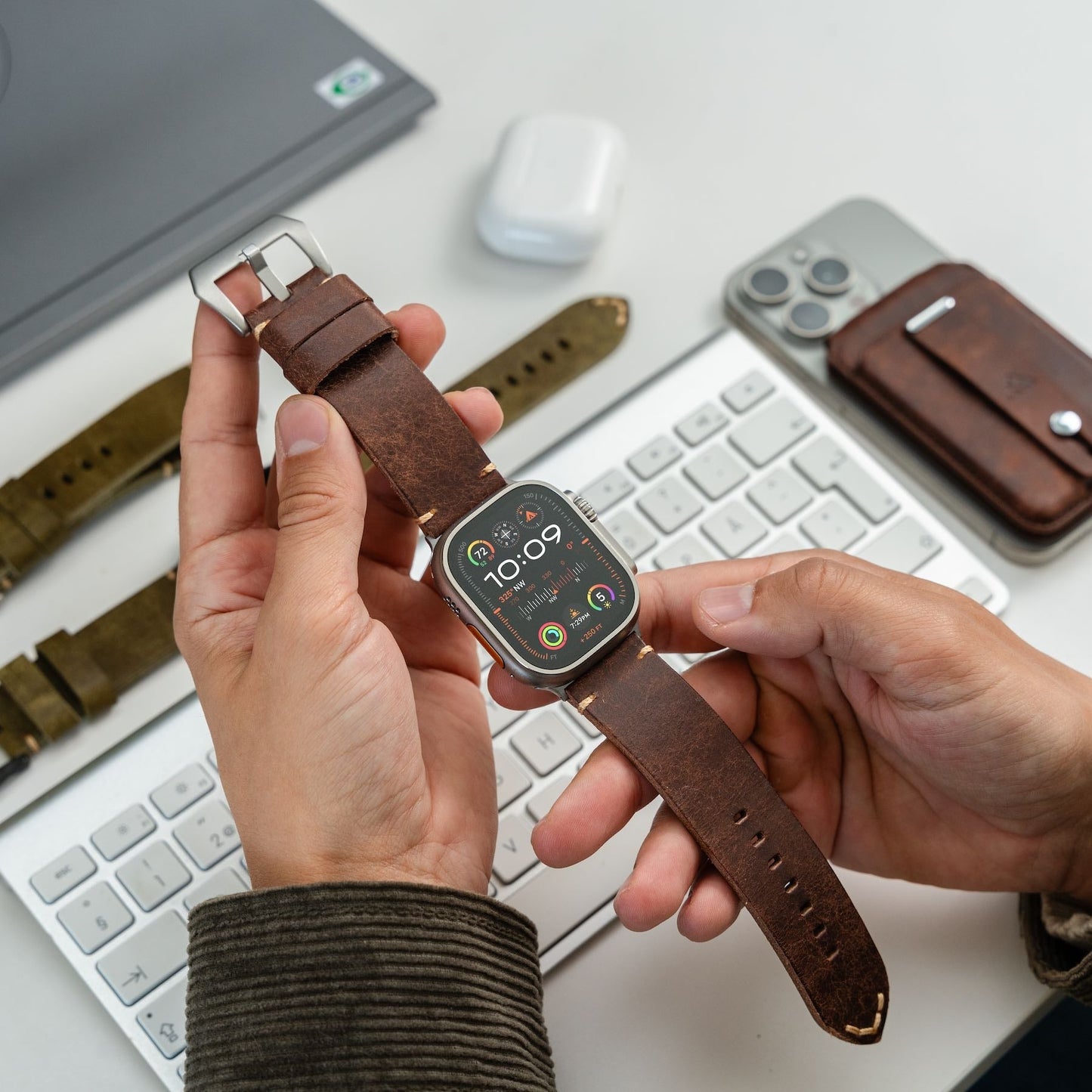 Robust Leather Strap R01 in natural brown leather with titanium accents for 49mm watch band replacement.
