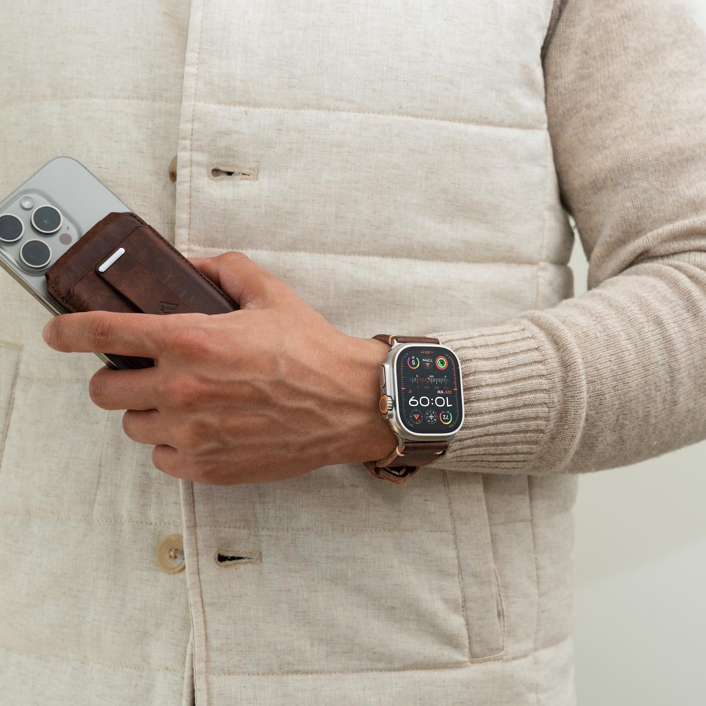 Robust Leather Strap R01 in brown natural leather with titanium buckle, designed for 49mm watch cases.