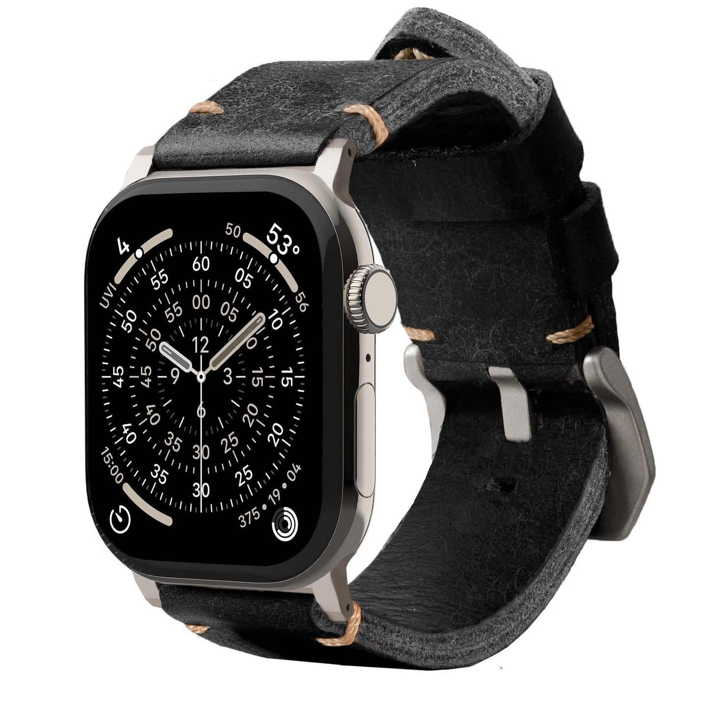 Brown leather strap R01 by Robust, natural titanium finish, designed for watches, with detailed stitching and smooth texture.