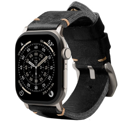 Brown leather strap R01 by Robust, natural titanium finish, designed for watches, with detailed stitching and smooth texture.