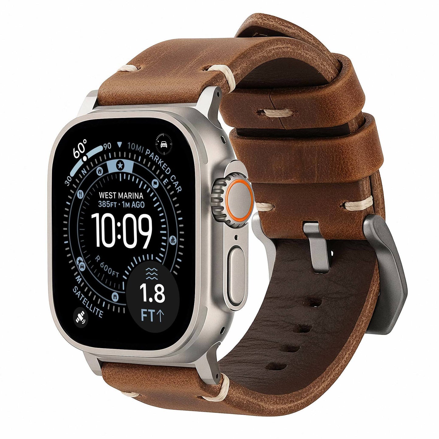 Robust Leather Strap R01 in natural brown titanium finish, 49mm width, with textured leather design.