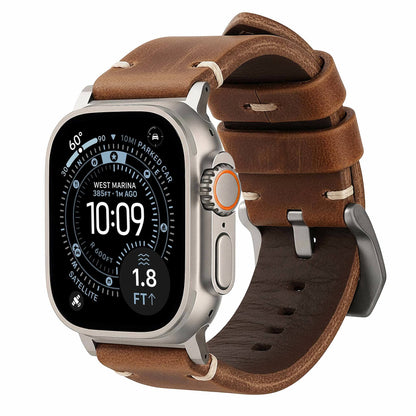 Robust Leather Strap R01 in natural brown titanium finish, 49mm width, with textured leather design.
