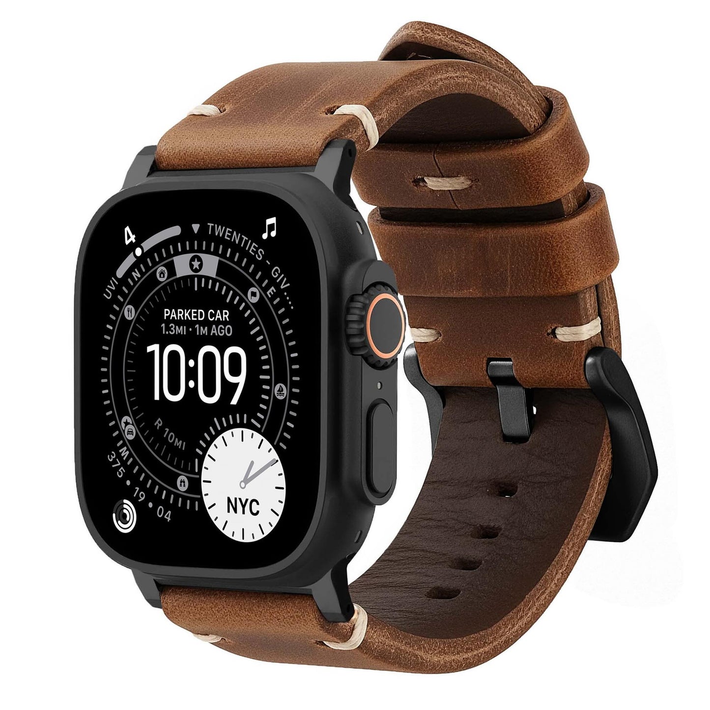 Brown leather strap R01 by Robust with natural finish and titanium accents, designed for watches with 49mm case.