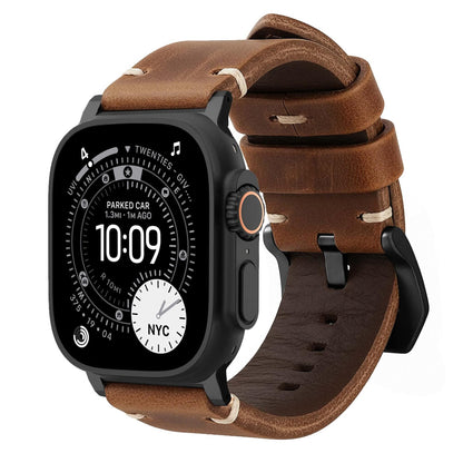 Brown leather strap R01 by Robust with natural finish and titanium accents, designed for watches with 49mm case.