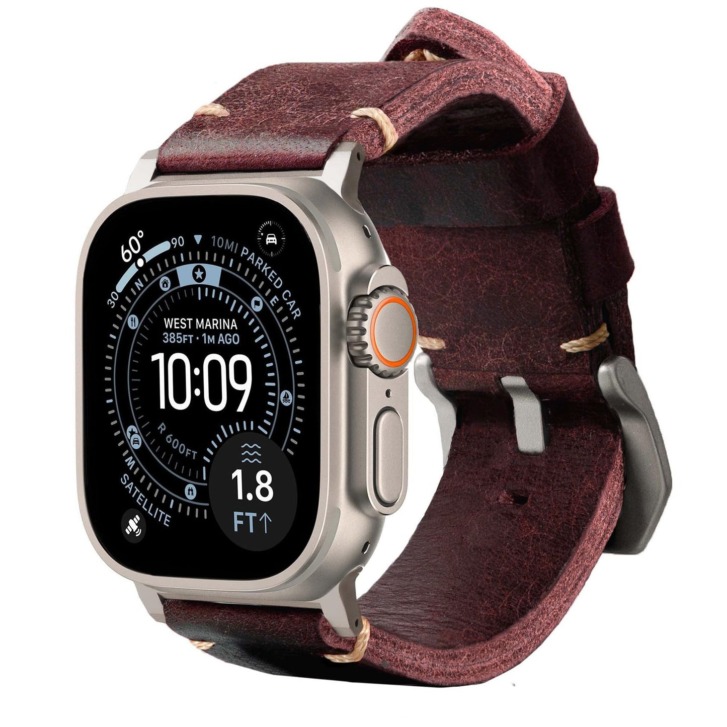 Robust Leather Strap R01 in brown natural leather with titanium hardware, designed for 49mm watch cases.