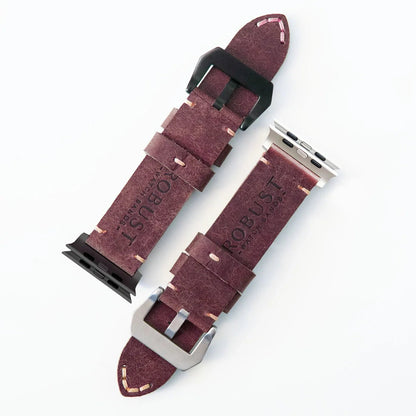 Robust Leather Strap R01 in natural brown leather with titanium hardware, 49mm width for watches.