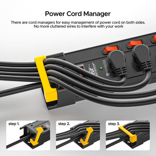 CRST 12-outlet surge protector power strip with 9-foot cord, individual switches, and wall mount design for heavy-duty use.