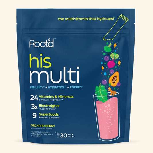 Root'd Advanced Daily Nutrition men's electrolytes supplement in a multi-bag packaging, designed for daily hydration and mineral balance.