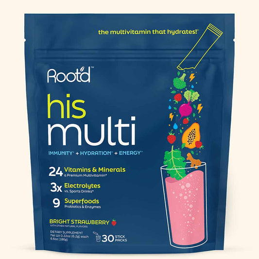 Root'd Advanced Daily Nutrition electrolytes for men in bright strawberry flavor, shown in a resealable bag.