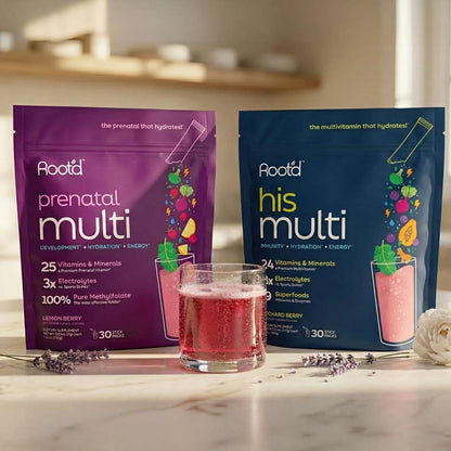 Root'd Growing Together Bundle multivitamins for future mom and dad, featuring hydrating vitamins in a 30-day pack.