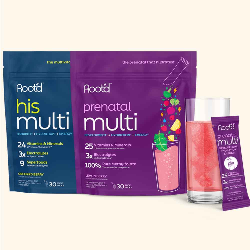 Root'd Growing Together Bundle multivitamin pack designed for expecting parents, featuring hydrating multivitamins for future mom and dad.