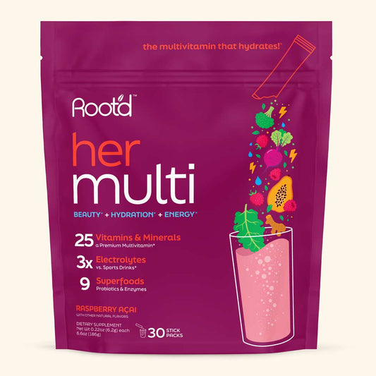 Root'd Advanced Daily Nutrition multivitamin for women, featuring a colorful supplement bag with capsules inside.