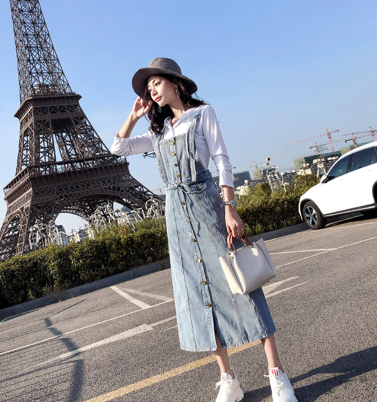 Button Strap Denim Dress, Denim Overall Dress