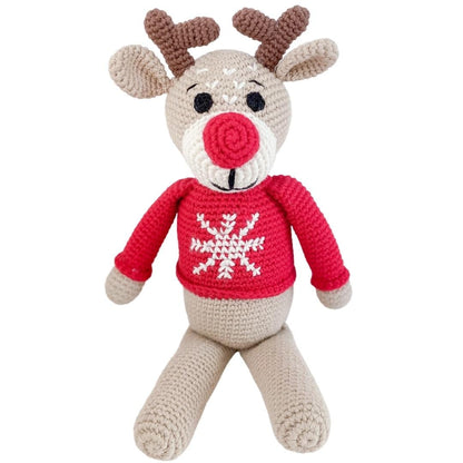 Handmade organic cotton stuffed reindeer toy named Ruddy by Bebemoss, featuring soft fabric and detailed reindeer design.