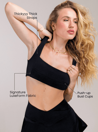 Women's black bandage push-up sports bra with square neckline, LuxeForm compression from Runner's Athletics, designed for support and style.