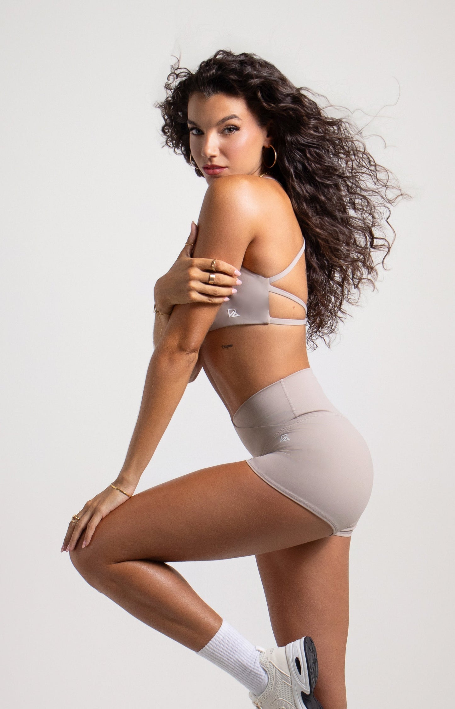 Women's taupe Hot Girl Strappy Sports Bra with open back and scoop neckline, medium support, by Runner's Athletics.