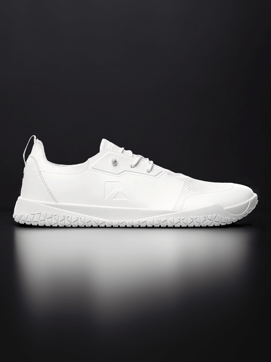 Legend Hybrid Barefoot Trainer by Runner's Athletics in white with wide toe box, zero drop, minimalist design, for barefoot training.