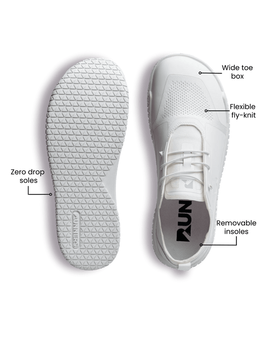 Runner's Athletics Legend Hybrid Barefoot Trainer in white with wide toe box, zero-drop minimalist training shoes for natural foot movement.