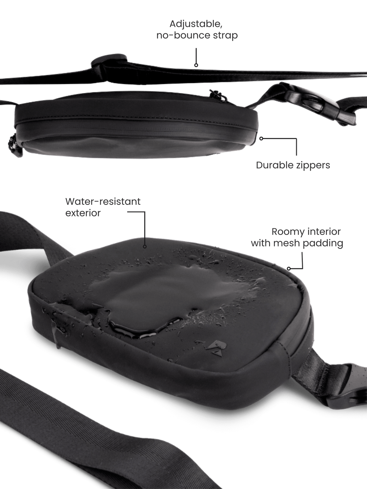 Black LuxeGo Small Crossbody Sling Bag by Runner's Athletics, featuring a compact design with adjustable strap and sleek style.