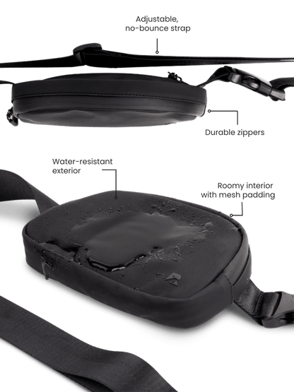 Black LuxeGo Small Crossbody Sling Bag by Runner's Athletics, featuring a compact design with adjustable strap and sleek style.