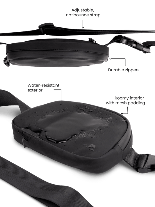 Black LuxeGo Small Crossbody Sling Bag by Runner's Athletics, featuring a compact design with adjustable strap and sleek style.