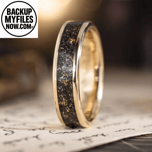 Men's 10k yellow gold wedding band with meteorite and gold flakes, featuring a sleek 3mm wide design from Rustic and Main.