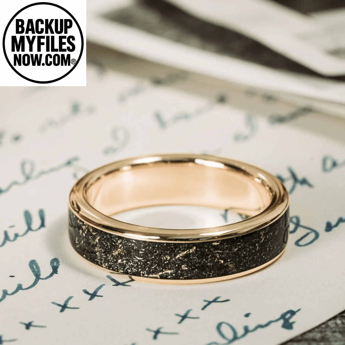 Men's gold wedding band with meteorite and gold flakes, featuring a 3mm width in 10K yellow gold from Rustic and Main.