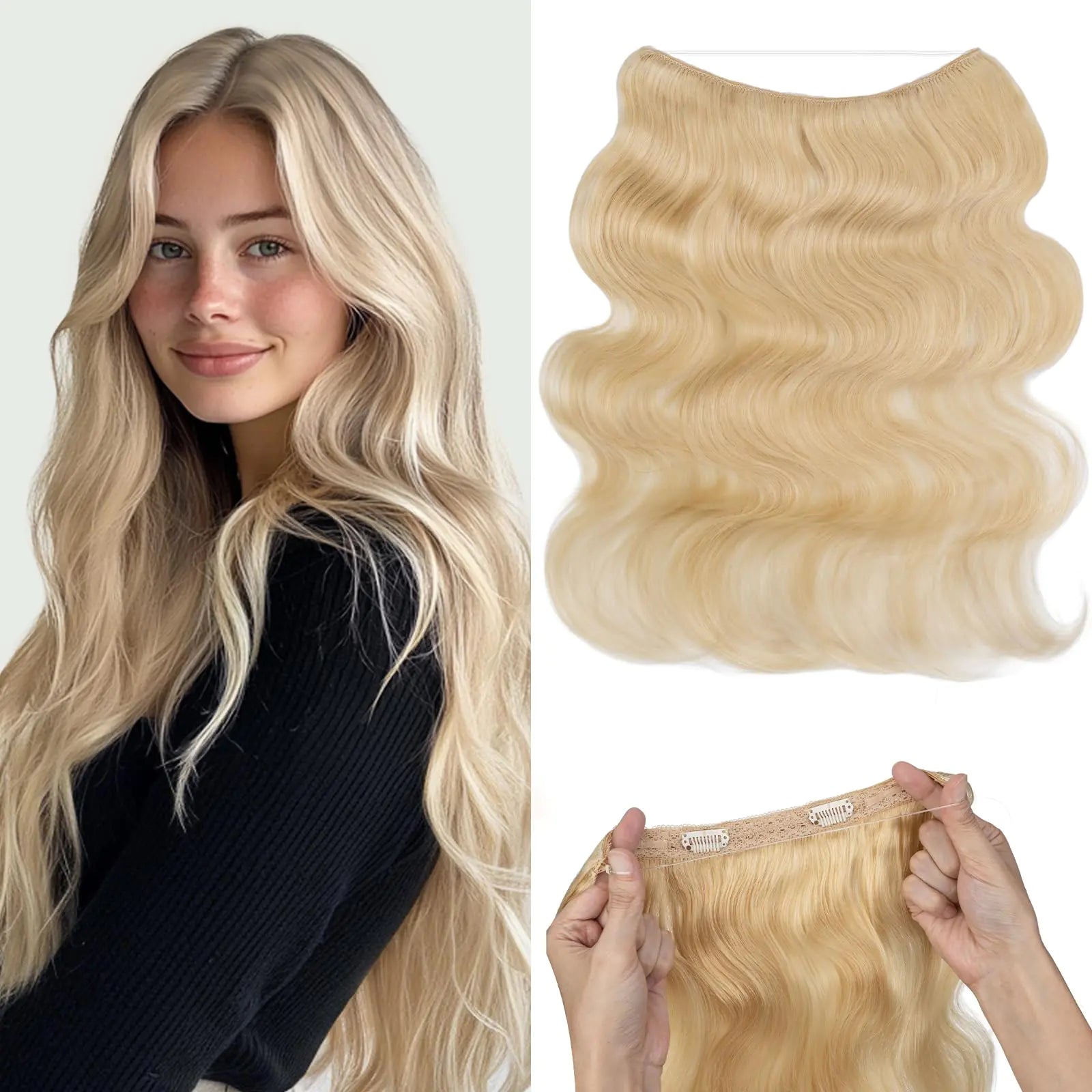 Rich Choices Halo Hair Extensions Real Human Hair Wave Wire In Hair Extensions Human Hair One Piece Clip in Human Remy Hair Halo Hair Extension Hair Piece 16 Inch #613 Bleach Blonde