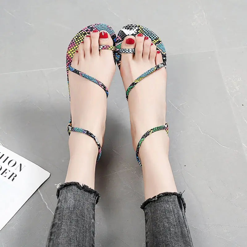 Women's Mixed Color Snake Design Flat Slip-On Sandals