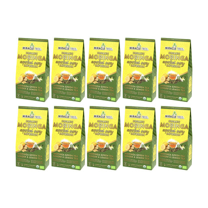 Organic Moringa Energy Tea by Miracle Tree with ginger and lemon, natural coffee alternative, served in a clear glass cup.