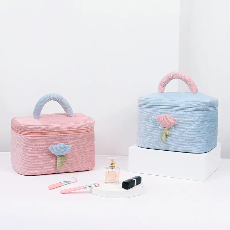 Corduroy Flower Makeup Bag Set for Travel and Beauty.