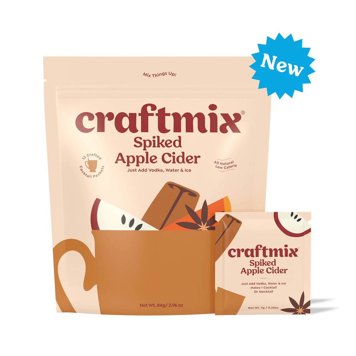 Craftmix Spiked Apple Cider cocktail mix package with a decorative badge, showcasing the product's branding and packaging design.