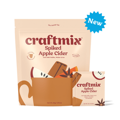 Craftmix Spiked Apple Cider cocktail mix package with a decorative badge, showcasing the product's branding and packaging design.