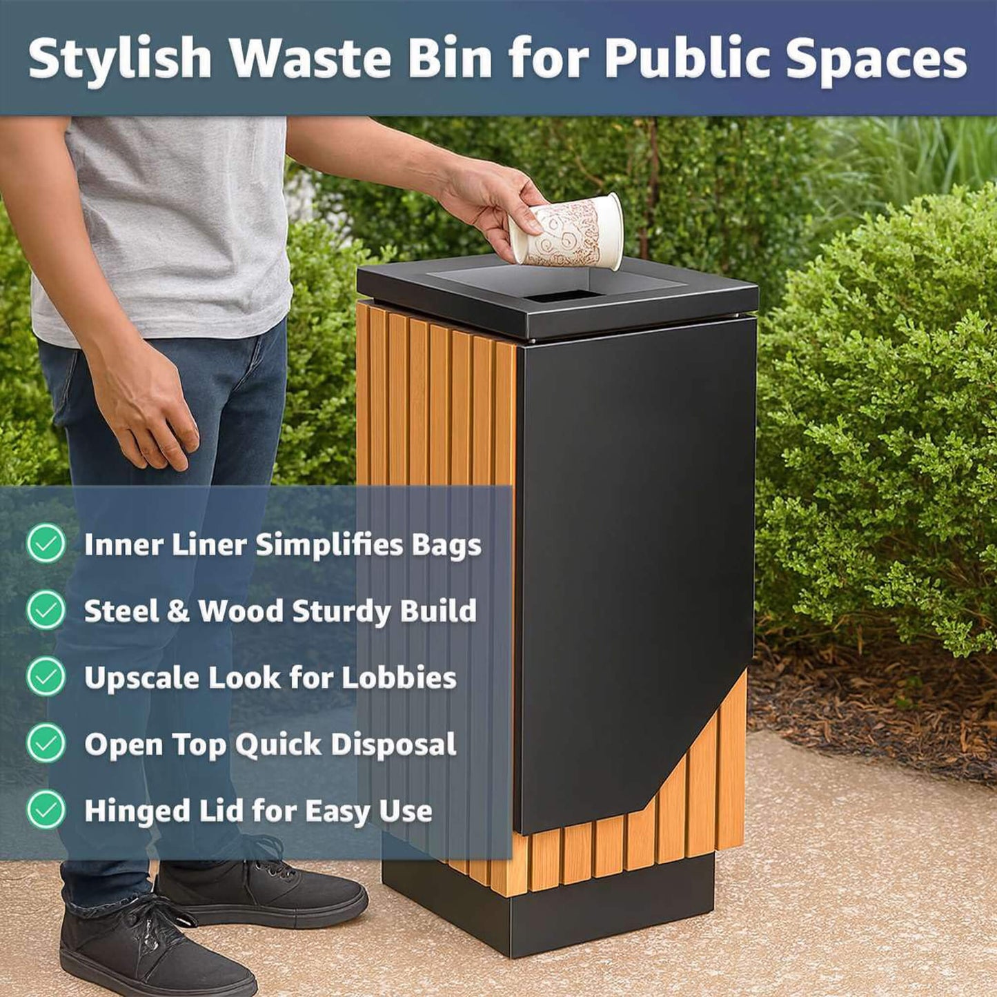 Heavy-duty 13-gallon outdoor square trash can by SAKSBY WHOLESALE, durable commercial waste bin with decorative design.