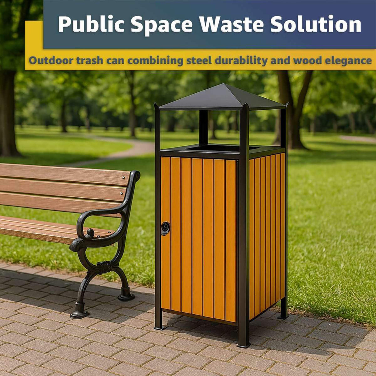 Heavy-duty 49-gallon outdoor trash can by SAKSBY WHOLESALE with covered top, commercial-grade waste receptacle for outdoor use.